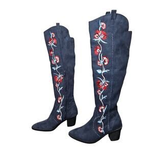 Carlos Santana Alexia Knee High Boots Women’s 8M Blue Embroidered Western Floral